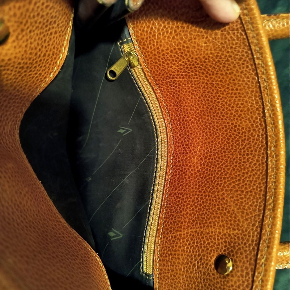 Tan Leather Satchel with Gold-Tone Hardware - Picture 3 of 8